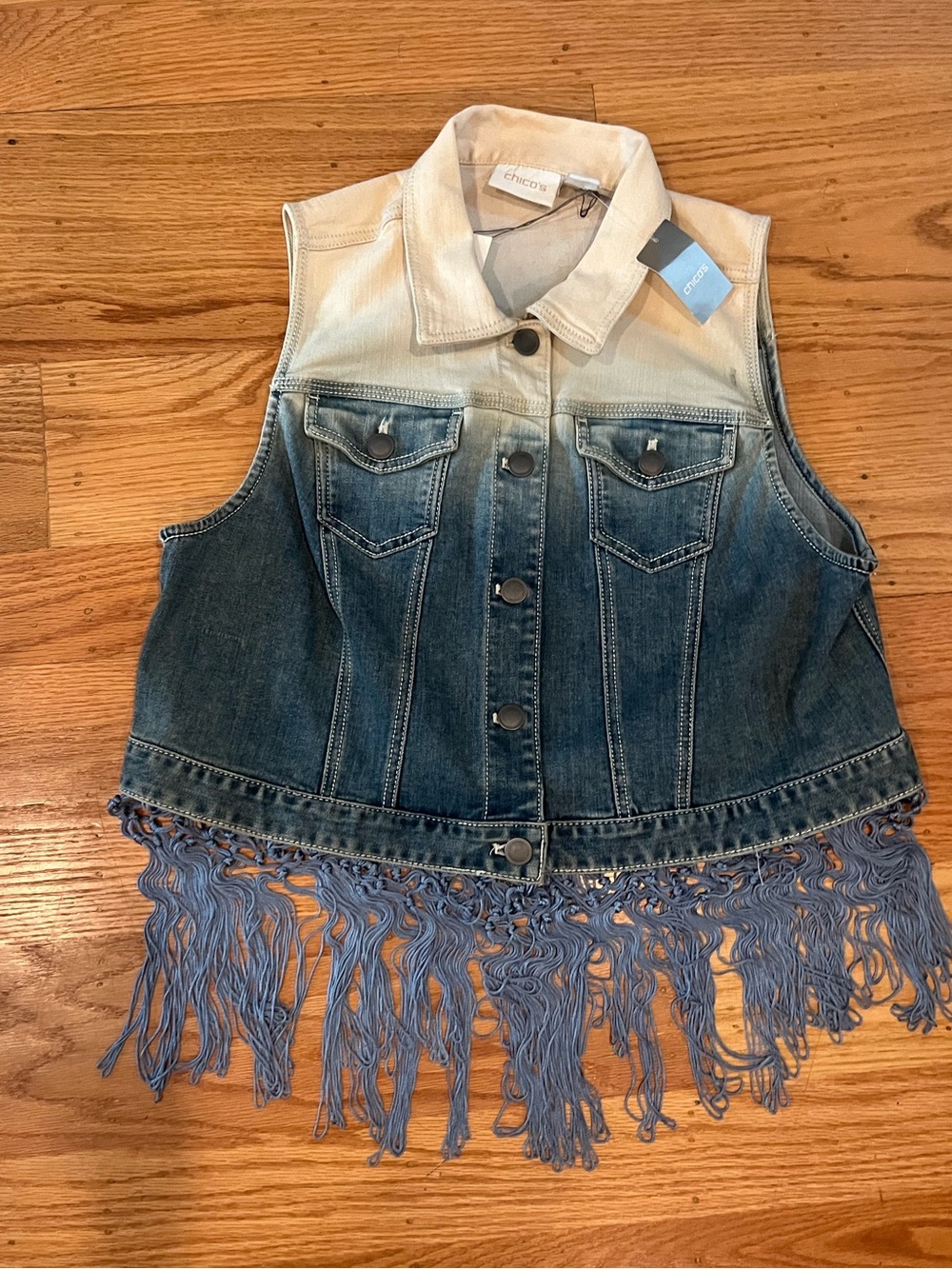 Chico’s Denim Fringe Vest Ombre Boho Western Size 2 NWT